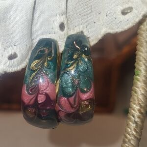 Enamel pierced half hoop earrings vintage artisan style swirl gold sheen